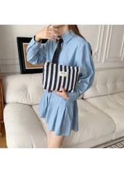 Makeup Bag Dark Blue 1Pc Vertical Stripe Cosmetic Bag Waterproof Women S Cosmetic Bag Small Bag Storage Makeup Case Travelling Bags For Ladies Pencil Case Daily Big Large Capacity Makeup Brushes Trave