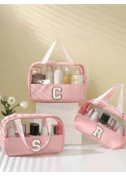 1pc PVC Waterproof Travel Makeup Bag Cosmetic Brush Holder Organizer Pouch Transparent Letter Makeup Bag Summer Holiday Travel Essentials Perfume Storage Box Versatile Luggage Bag Suitable For Lipstic