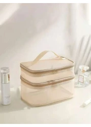 1pc Double Layer Mesh Cosmetic Bag Summer Travel Toiletry Bag Multi Functional Makeup Organizer Bathroom Cosmetics Storage Bag Large Capacity Cosmetic Bag Handbag Beach Bag Jewelry Box Makeup Brush Ho
