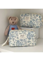 1 3pcs Blue Begonia Flower Makeup Bag Large Capacity Portable Organizer Pouch Multi Functional Handbag Cosmetic Storage Bag Toiletry Bag For Women Men With Handle Compartments For Home School Dorm Tra