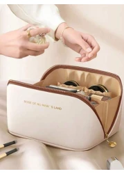 Large Capacity Spacious Double Layer Makeup Bag Cosmetic Organizer Bag PU Leather Waterproof Makeup Pouch Lightweight Toiletry Bag With Compartments Big Capacity Travel Makeup Storage Bag Multi Functi