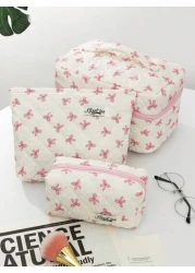 1 PC Rice Bottom Print Pink Bow Daily Soft Make Up Bag Fashionable And Casual Large Capacity Portable Zipper Makeup Bags Travel And Vacation Essentials Cosmetic Bags For Sanitary Napkins Pouch Pads Wi