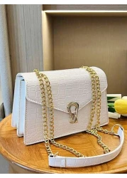 Crocodile Embossed Flap Chain Square Bag Lightweight Business Casual Small PU Leather Solid Color Square Shoulder Bag Perfect Sling Bag For Daily Use For Teen Girls Women College Students Rookies Whit