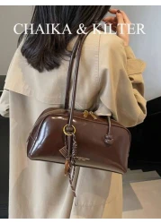 1pc CHAIKA KILTER Solid Shiny PU Leather Shoulder Bag Women s Fashion Large Capacity Bowling Bag With Dual Handles Zipper Closure Suitable For Daily Outdoor Use Sold With Pendant