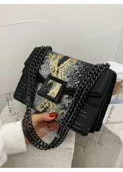 Small Snakeskin Embossed Chain Strap Elegant Crossbody Square Bag Retro Snake Skin Pattern Bag Classic Flap Chain Shoulder Bag