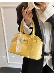 low tea 1 حقيبة كتف ذات طراز رجعي للنساء، من مواد البولي يوريثان ذات لون واحد، تصميم مقبض مزدوج، ذات إغلاق بcremallera،