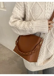 1pc Solid Color Retro Fashion Woven Zipper Bucket Bag Versatile Shoulder Crossbody Handbag Suitable For Daily Use