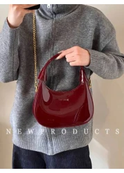 Low Tea 1pc Solid Color Glossy Patent PU Leather Shoulder Bag Women s Fashion Underarm Crossbody Crescent Bag With Ancora Red Letter Top Handle Metal Zipper Closure Metal Chain Shoulder Strap For Dail