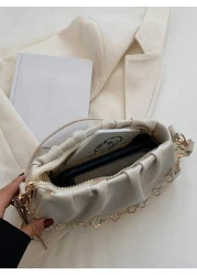 CONTAINEVERY Fashionable Moire Chain Decor Ruched Bag Classic Carryalls Latest Stylish Cloud Sling Bag With Chain Handle And Detachable Strap Beige For Women Rookies White Collar Workers For Teacher G