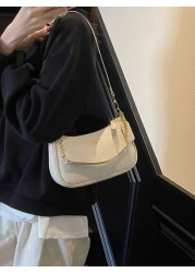 New Elegant Solid Color PU Underarm Bag Metal Chain Handle Women Shoulder Bag