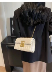 1pc Ladies Embroidery Striped Fashionable Lock Closure Square Bag Purse With Colorful Chain Suitable For Dating And Gift