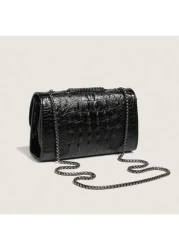 1pc Solid Color Versatile Pu Crocodile Pattern Embossed Shoulder Bag With Lock Buckle Camellia Chain Crossbody Bag For Women Daily Simple Style