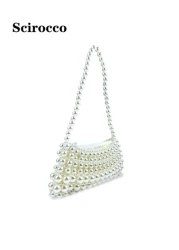 حقيبة يد كبيرة ذات مقبض من اللؤلؤ مزخرفة بالخرز، حقيبة كتف أو تحت الذراع