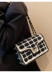 New Simple And Fashionable Black And White Plaid Woolen Single Shoulder Crossbody Small Square Bag Suitable For Women s Vacation Travel Daily Use Dating Gifts