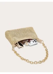 1pc Women s Lightweight Straw Woven Bag With Metal Chain High End Casual Fashion Beach Big Capacity Shoulder Underarm Bag Vacation Style