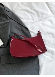 Solid Color Minimalist Zipper Closure Shoulder Bag Stylish Simple Crescent Bag Zipper Shoulder Bag Faux Leather Solid Color Purse Burgundy Bag New Year Ideal Gift Fashionable Burgundy Bag