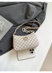 1pc Beige Vintage Floral PU Leather Tote Bag With Metal Hardware Decor Shoulder Bag For Ladies