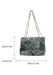 Floral Pattern Square Bag Flap Polyester Chain Strap