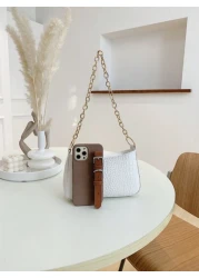 حقيبة كتف نسائية صغيرة ذات ملمس بشرة التمساح مع سلسلة