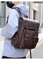 New Spring Summer Solid Color PU Material Fashion Stylish Men Backpack Business Casual Backpack Student Schoolbag Flap Style Large Capacity Multi Pocket Organizer Fits Books Documents Clothes Laptop U