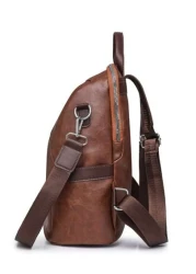 Fashionable Backpack Retro Korean Style Large Capacity Casual Faux Leather Adjustable Shoulder Strap Zipper Closure Polyester Lining Embroidered Line Details For Daily Commute