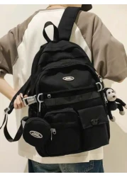 حقيبة ظهر نايلون عصرية بسحاب، ذات سعة كبيرة وحزام واحد للحمل، مناسبة لطلاب الجامعة والذهاب للمدرسة، تأتي مع ق