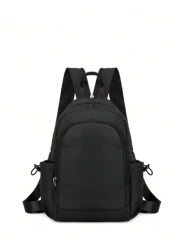 حقيبة ظهر وظيفية للرجال ذات حمالتين، باللون الأسود الموحد مصنوعة من ألياف البوليستر. بسيطة، عصرية، خلاقة مع س