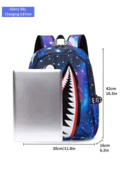 Men s Fashionable Starry Sky Print Backpack Stylish Shark Mouth Print Bookbag With Random All Over Print USB Charging Port Large Capacity Lightweight Nylon Travel Bag University Commute Backpack Fits