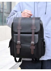 Men s Fashionable Casual Simple Contrast Color PU Multi Pocket Flap Large Capacity Backpack Versatile Backpack Suitable For Business School And Shopping