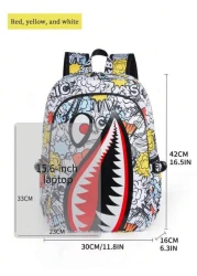 Unisex Fashion Shark Mouth Print Backpack Shoulder Bag Contrast Blue Lightning Graphic School Laptop Bag With Adjustable Strap Random All Over Printed