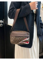 Fashionable Men s Casual Plaid Shoulder Sports Sling Bag Personality Small Square Men s Bag Business Personality Shark Mouth Anime Luxury Bags