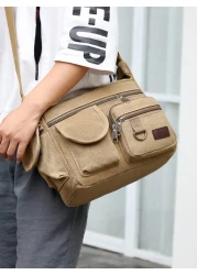 1Pc Khaki Canvas Shoulder Bag Large Capacity Multilayer Messenger Bag Student Travel Shoulder Bag Crossbody Bag Sling Bag For College School Lightweight Multifunctional Dad College Bag Freshman Multi