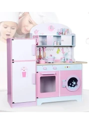 Wooden Play Kitchen for Kids with Lights &amp; Sounds &ndash; Toddler Kitchen Set with Ice Maker, Oven, Sink, Microwave, Fridge, Utensils &amp; Fruit Accessories