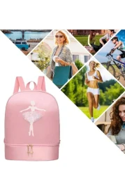 1pc Solid Color Zipper Closure Oxford Cloth Embroidered Dancer Motif Cute Backpack With Separate Shoe Compartment Suitable For Daily Use