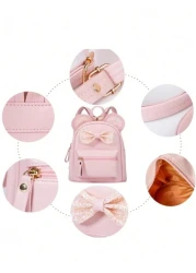 حقيبة ظهر صغيرة أنيقة 1 قطعة للأطفال, مزينة بفيونكة من الترتر وتصميم أذن فأر، مناسبة للبنات، وردي اللون