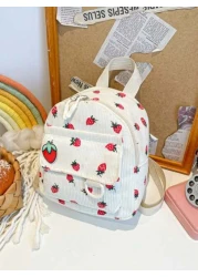1 Piece Closed Fashionable Japanese Corduroy Stripes Small Fresh College Style Strawberry Pattern Backpack Korean Harajuku Print Small Backpack Suitable For All Occasions Comfortable And Adjustable Sh