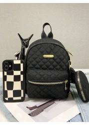 2pcs Children s Oxford Cloth Zipper Closure Argyle Pattern Fashionable Backpack Coin Purse Versatile Vintage Style Suitable For Daily Use