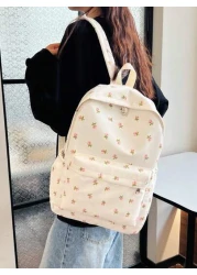 1pc White Nylon Floral Print Dual Zipper Large Capacity Fashionable Versatile Backpack Student Bag