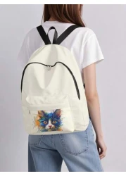 قطعة واحدة حقيبة ظهر صغيرة مطبوع عليها قطة كيوت، مزودة بسحاب إغلاق، جيوب، حقيبة ظهر عصرية للأولاد والبنات، من