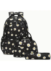 مجموعة ظهر وجراب غداء وحافظة أقلام مزينة بنمط الأقحوان للأطفال 3 قطع، مثالية للمدرسة.