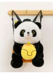1 Pc New Cartoon Panda Hugging Honey Pattern Plush Material Backpack For Girls And Boys Adjustable Straps Zipper Closure Fashionable And Cute For Travel Shopping Outings And Gifts