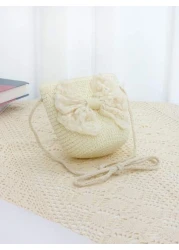 حقيبة كتف للأطفال بشكل أميرة مزينة بفيونكة شريطية وقش ،مناسبة للخروجات اليومية، قطعة واحدة