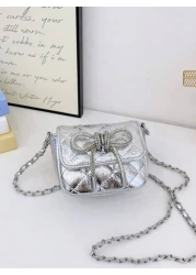 1pc Pu Magnetic Opening And Closing Fashion Sweet Bow Solid Color Diamond Grid Crossbody Mini Square Bag Korean French Exquisite Aesthetic Niche Design Chain Shoulder Crossbody Bag Versatile Casual Hi