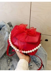 1pc Sweet Bow Solid Color Small Bag Retro Fashion Square Casual Pearl Chain Messenger Bag Cute Elegant Coin Purse Pu Material Flip Cover Magnetic Buckle Applicable Suitable For Daily Use When Out Shop