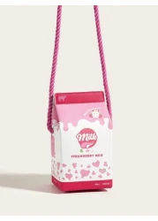 1pc Kids Pink Strawberry Cow Print PU Milk Carton Cute Cartoon 3D Fashion One Shoulder Crossbody Bag Suitable For Daily Use