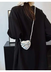 PU Leather Bow Decor Child s Single Shoulder Bag With Pearl Strap Princess Heart Shaped Small Crossbody Purse