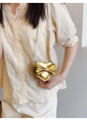 Holographic Pearl Strap Crossbody Bag With Bow Heart Design Girls Shoulder Bag