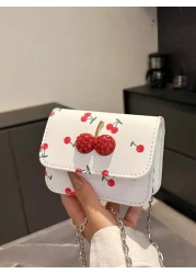 Fresh Cherry Print Mini Small Bag Foreign New Summer Cute Sweet Mini Lipstick Bag Chain Crossbody Headphone Bag Shoulder Bag Korean Fashion Crossbody Bag