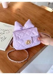 قطعة واحدة محفظة عملة مزينة بالفيونكة للأطفال، حقيبة صغيرة مطرزة بشكل معين مع سلسلة، حقيبة كروس بودي أنيقة لل