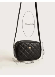 1pc Girls Black Pu Plaid Stitching Fashionable Square Shape Crossbody Bag For Everyday Use